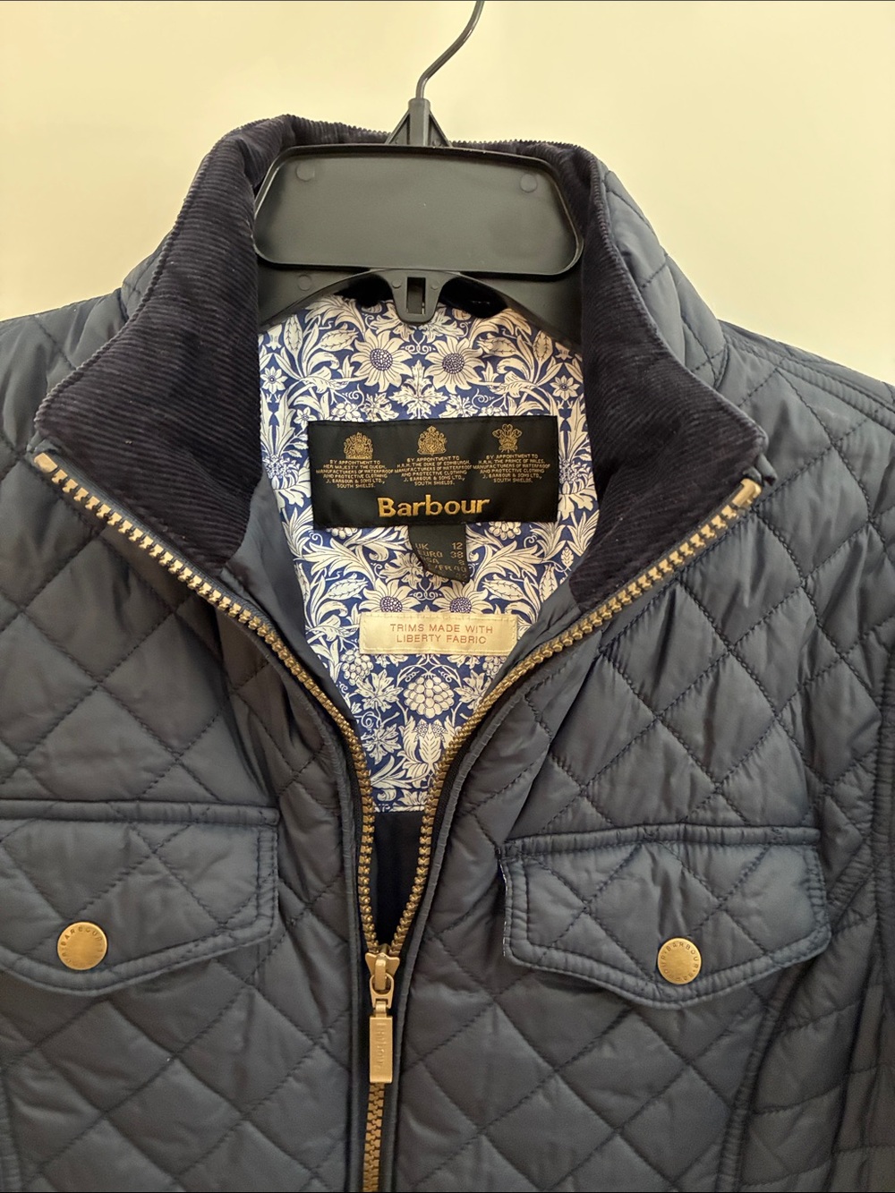 Vintage Barbour Navy Quilted Zip-Front Jacket Liberty Lining US 8 - Picture 2 of 8